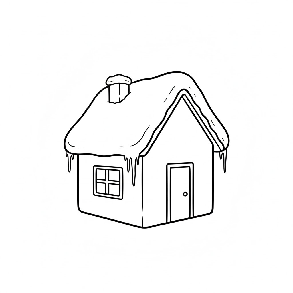 Snowy Cabin With Sloped Roof and Icicles drawing idea