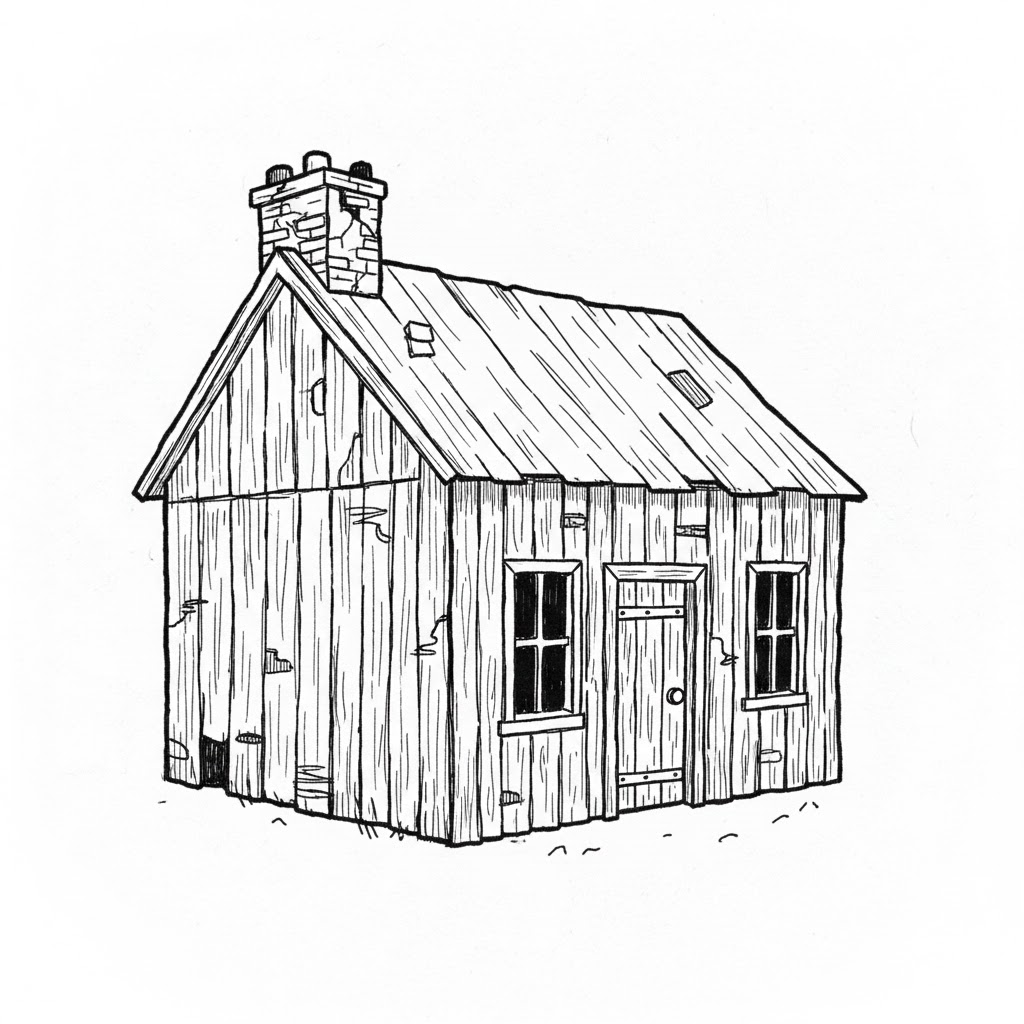 Aged Cabin With Cracked Chimney and Rough Texture drawing idea