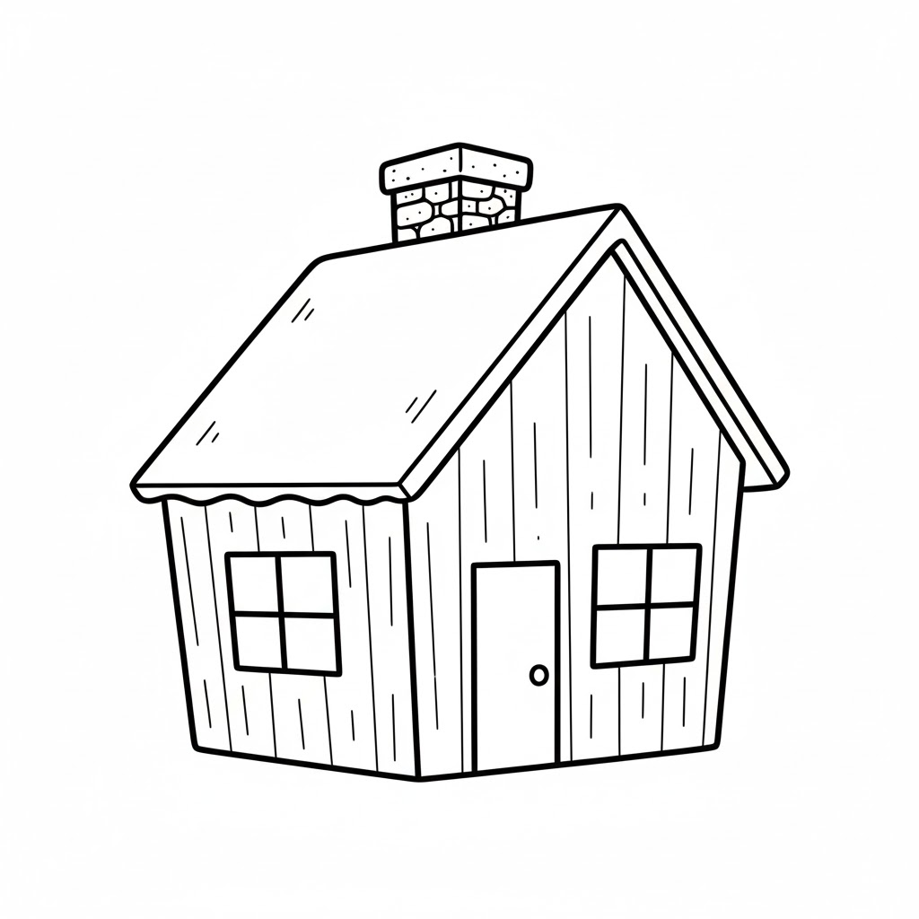 Cabin With Two Windows and Stone Chimney drawing idea