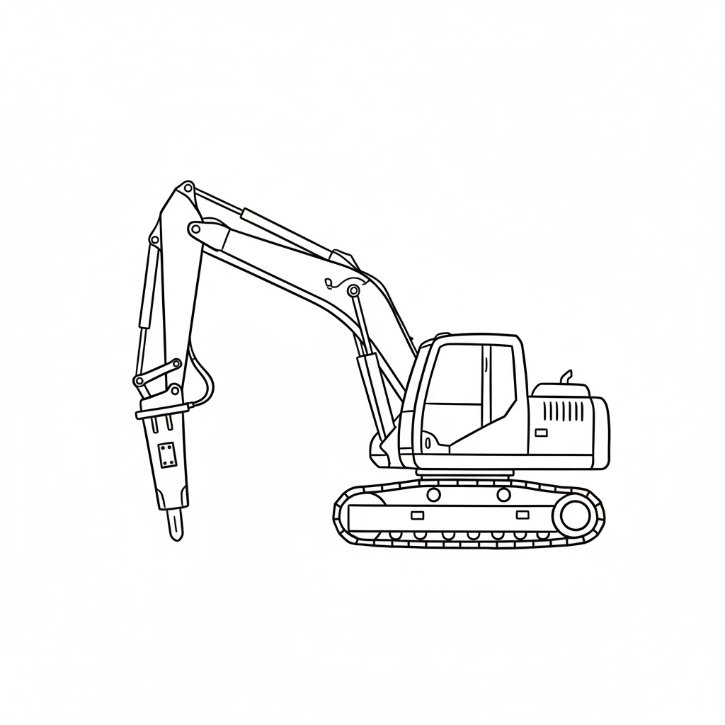 Excavator With a Rock Breaker Hammer Attachment