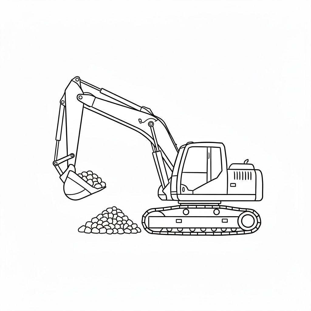 Excavator Working Near a Small Pile of Stones