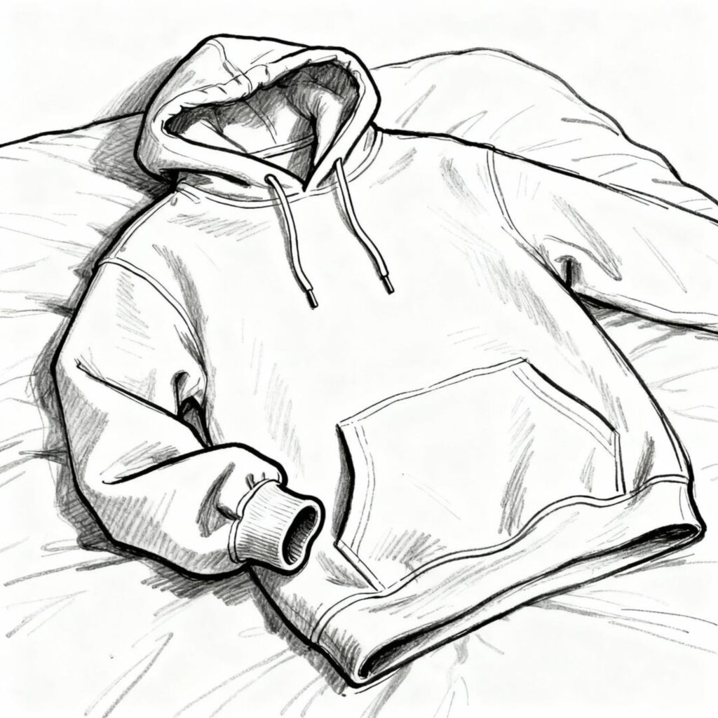 Hoodie on a Bed, Sleeve Curled Inward