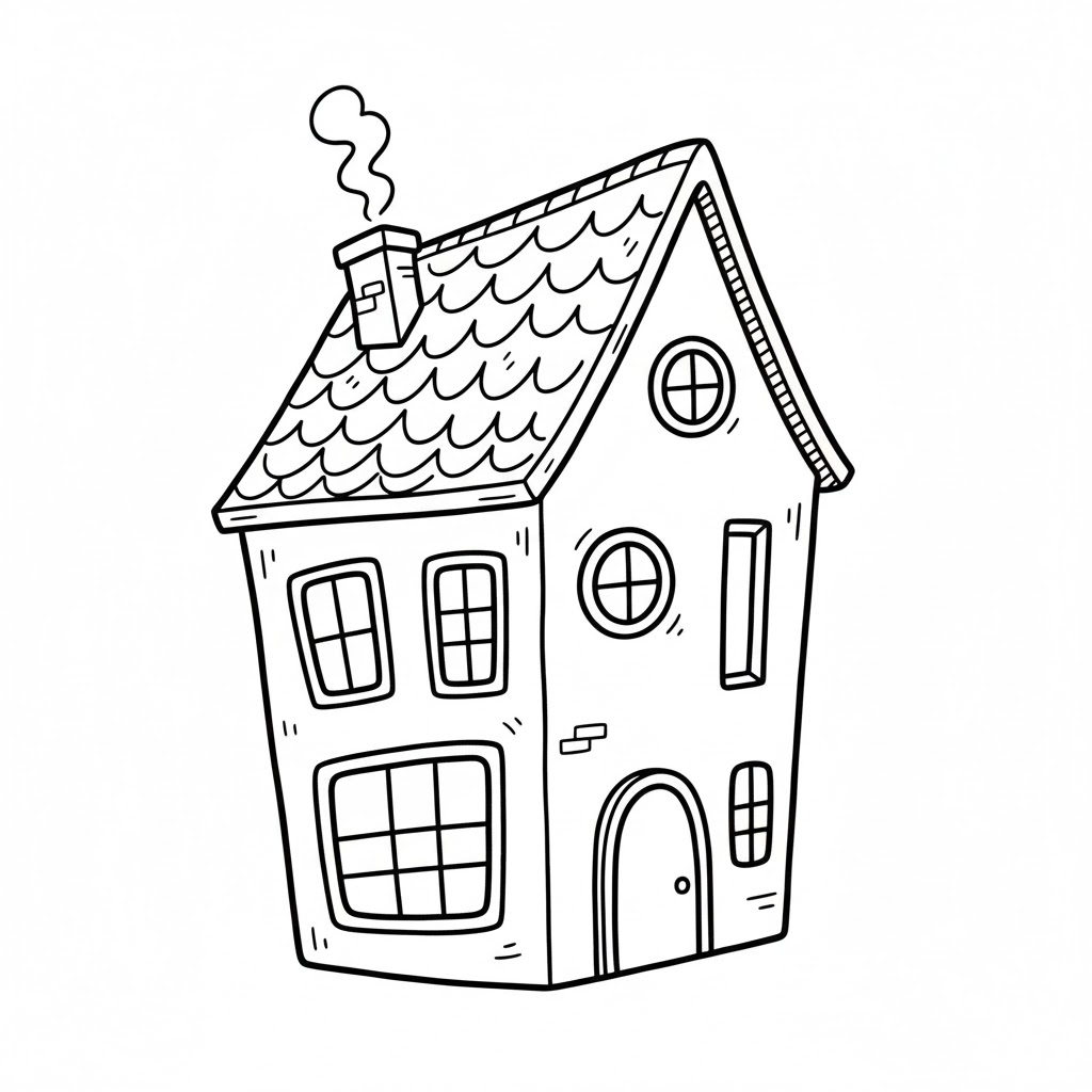 Two-Story House with Mixed Window Shapes drawing idea