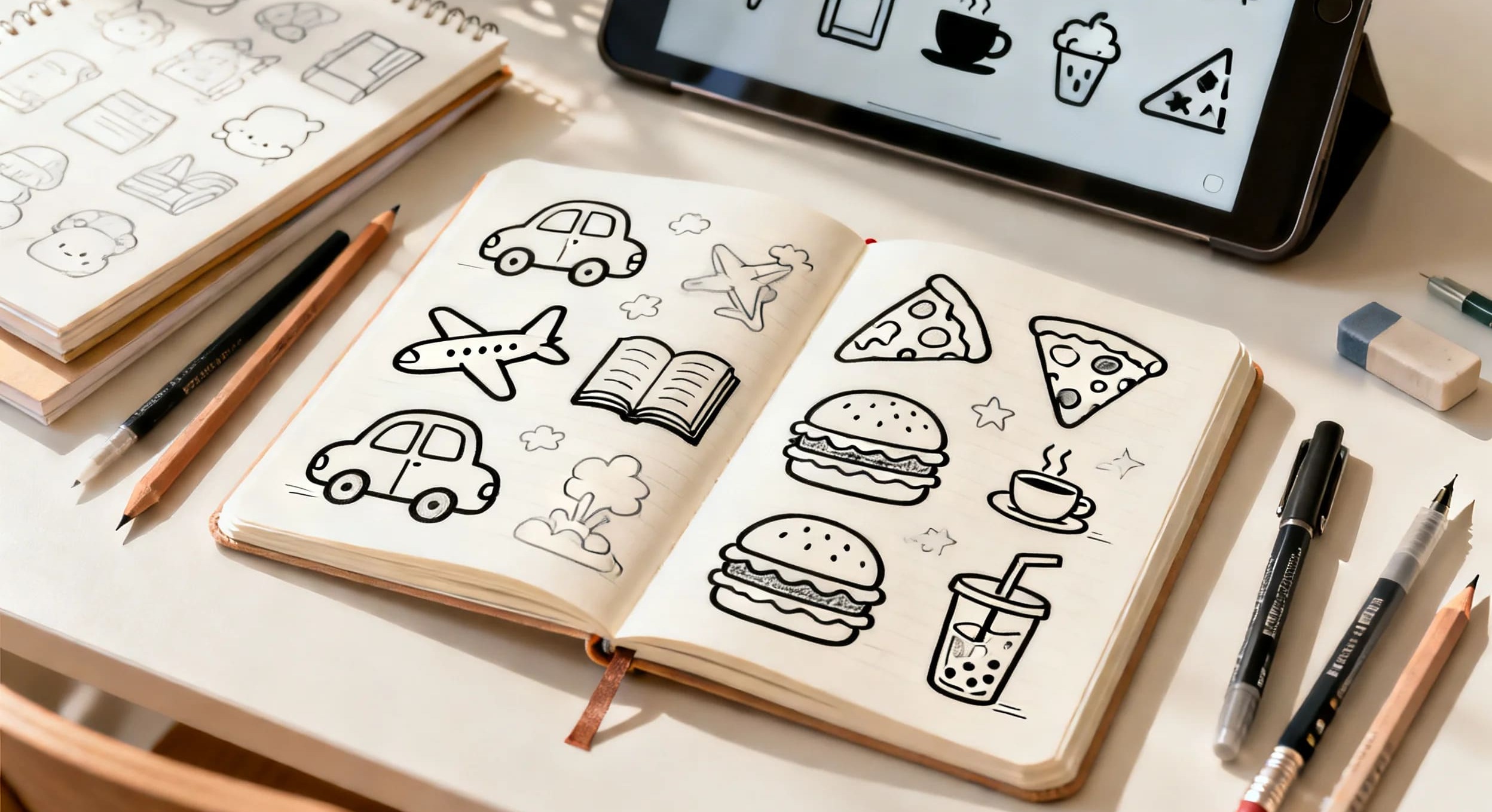 Open sketchbooks filled with simple cartoon-style line drawings of a car, airplane, book, pizza slice, burger, coffee cup, and soft drink on a bright minimalist desk with drawing tools and a tablet displaying SVG icons.