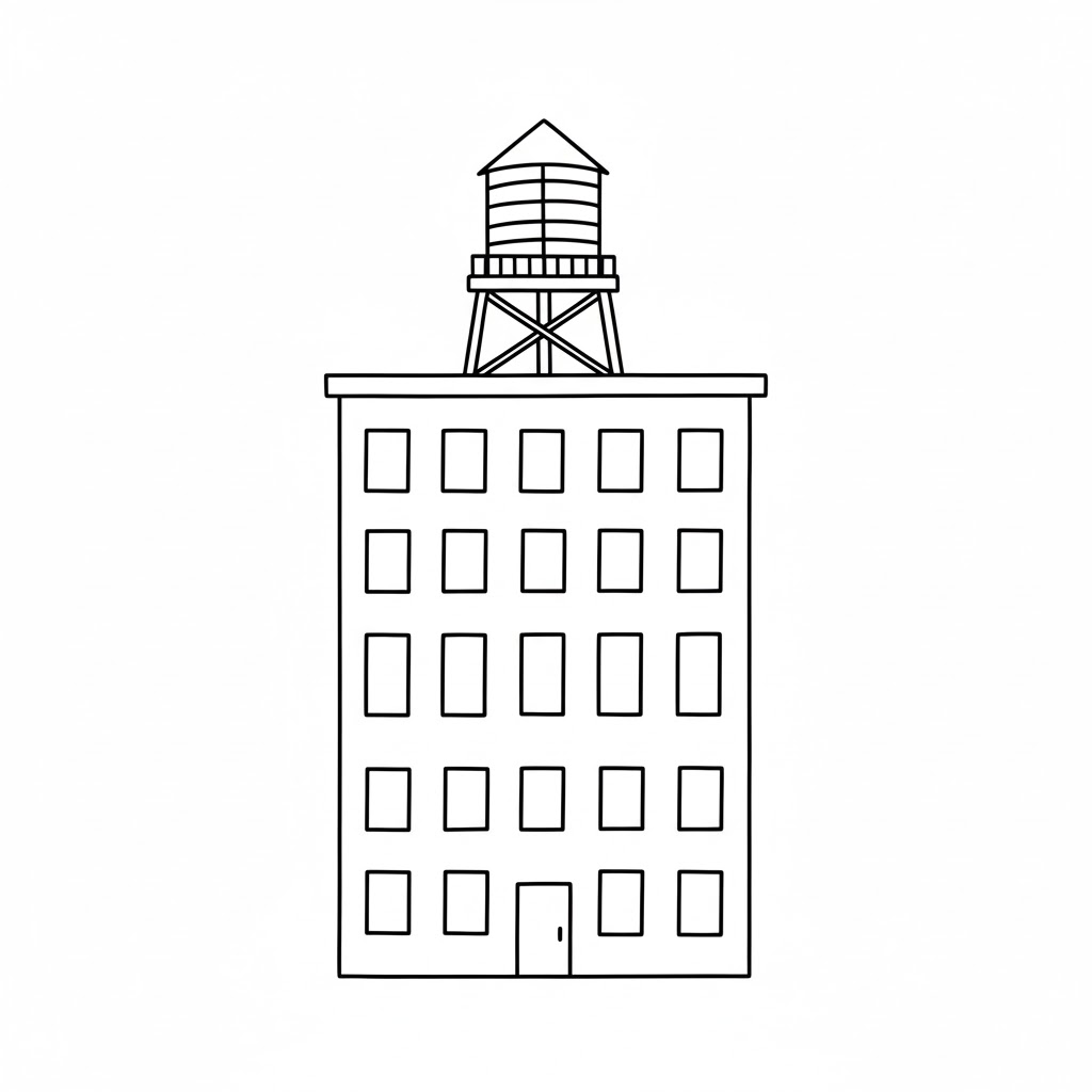 Apartment Building With Rooftop Water Tower drawing idea