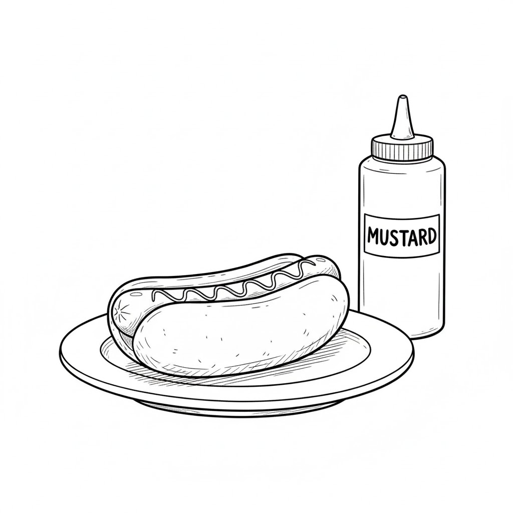 Hotdog on a Plate with a Sauce Bottle drawing idea