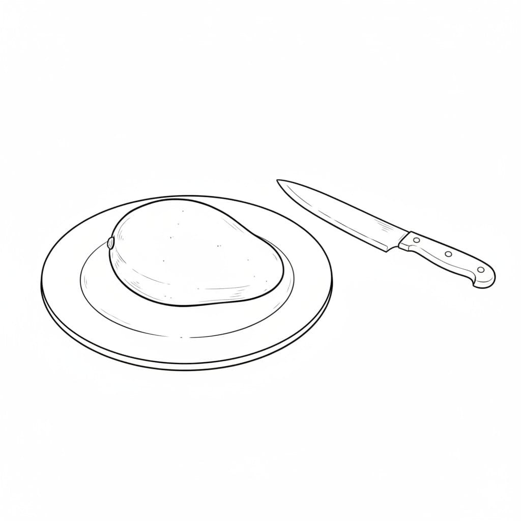 Mango on a Plate with a Knife drawing idea