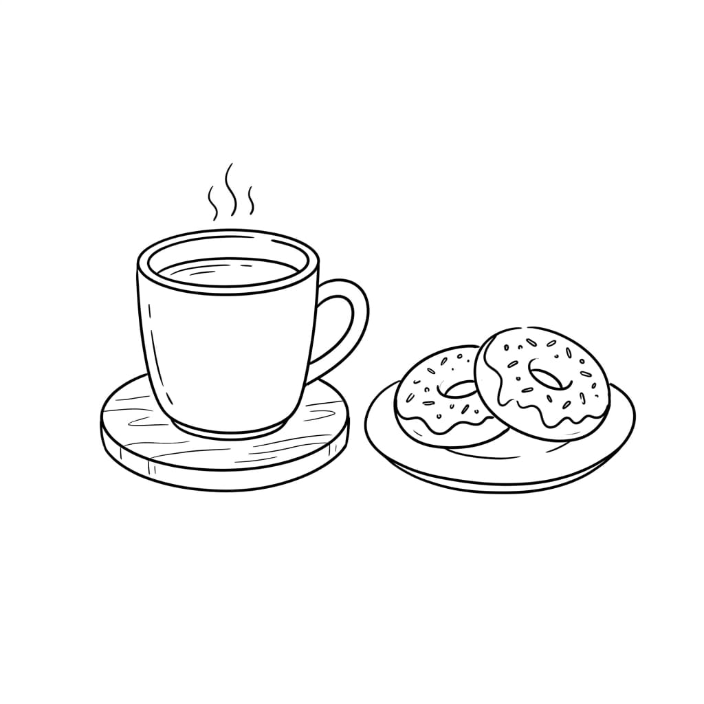 Coffee, Wooden Coaster & Donuts Doodle drawing idea