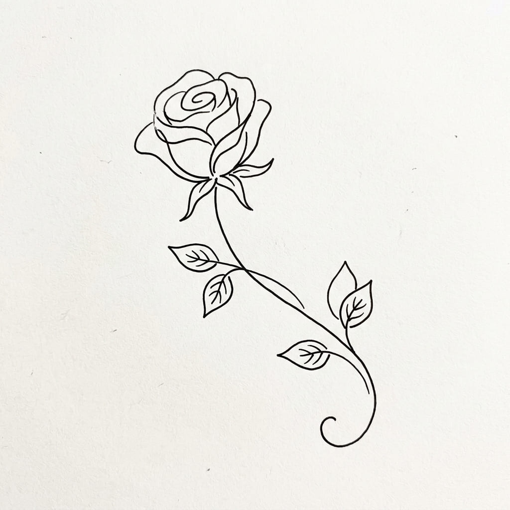 Rose with a gently curved stem drawing idea
