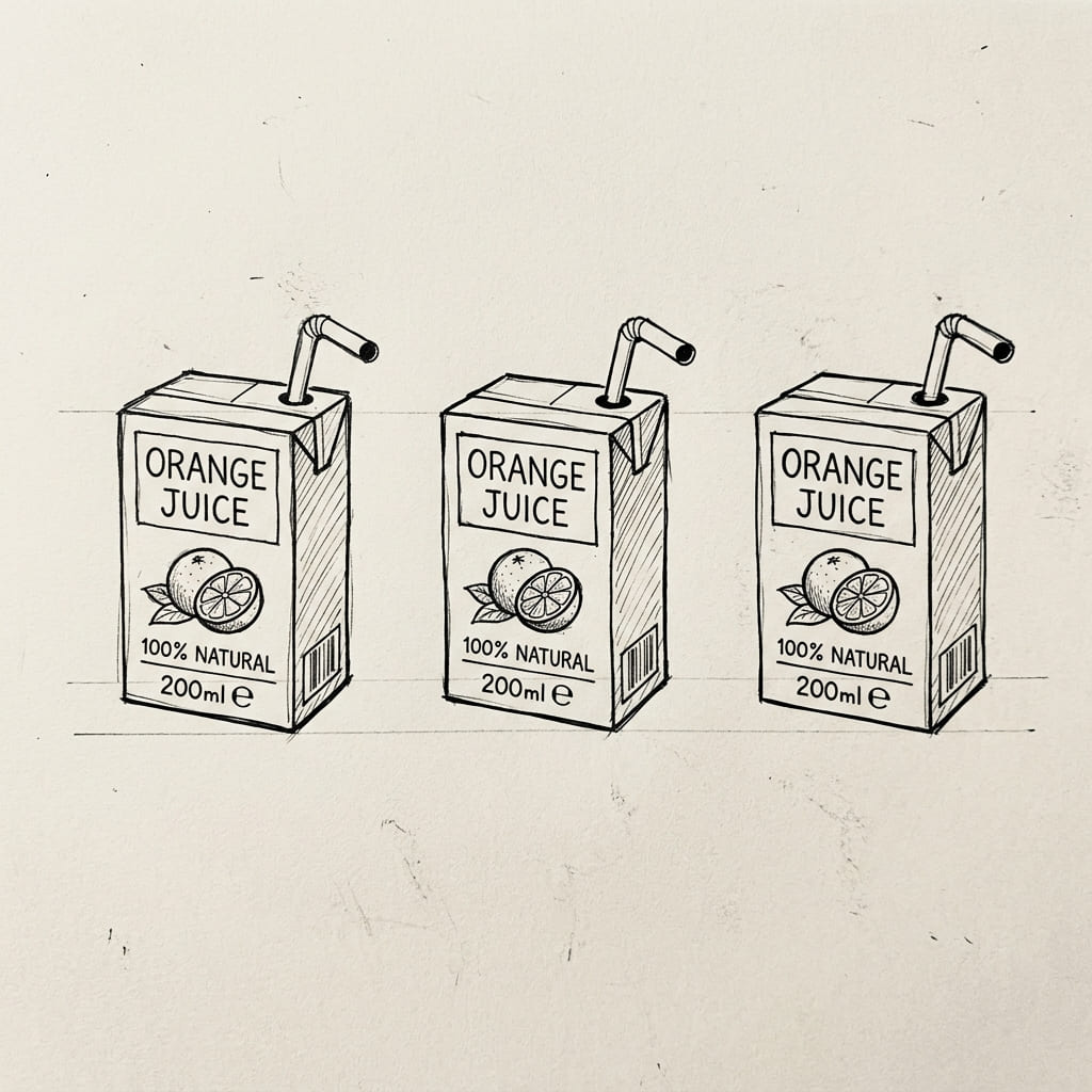 Three Juice Boxes in a Row drawing idea