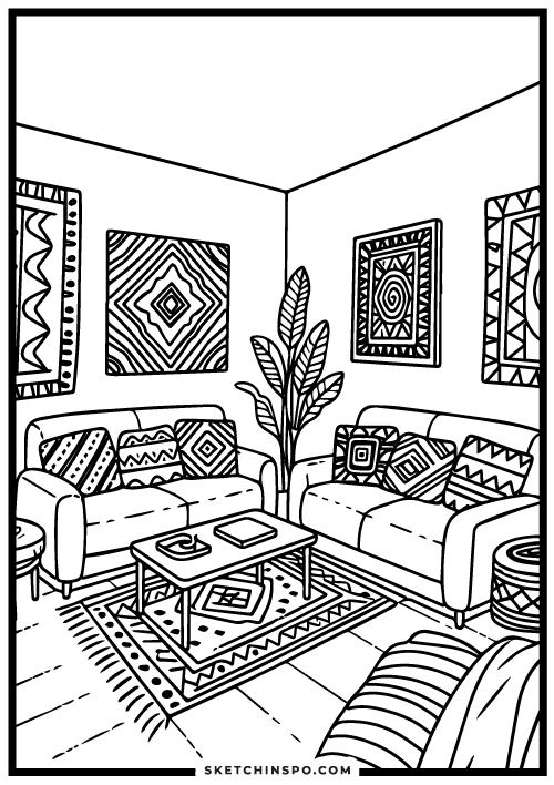 Bohemian-themed-living-room-free-coloring-page