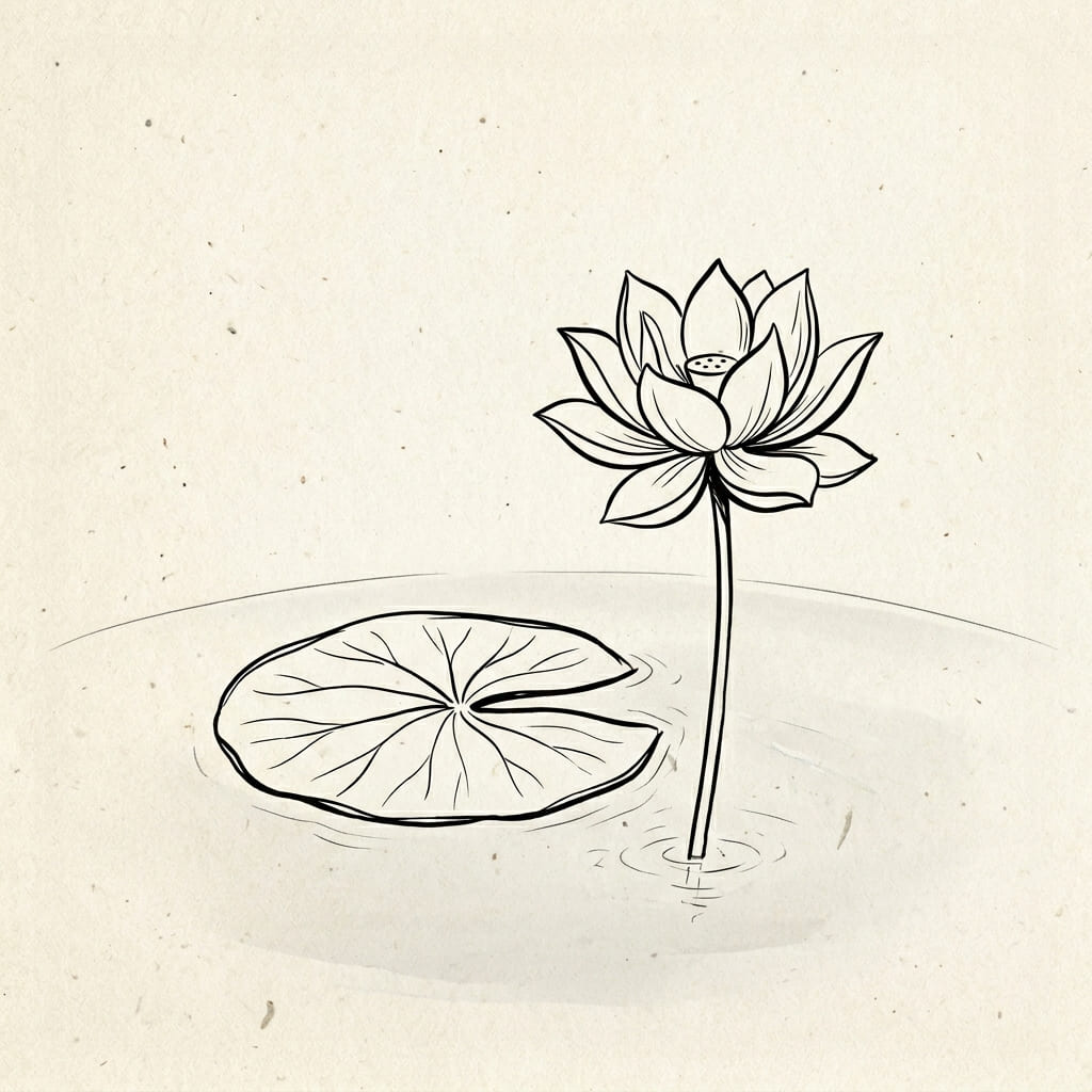 small pond scene with lotus flower and one leaf drawing idea