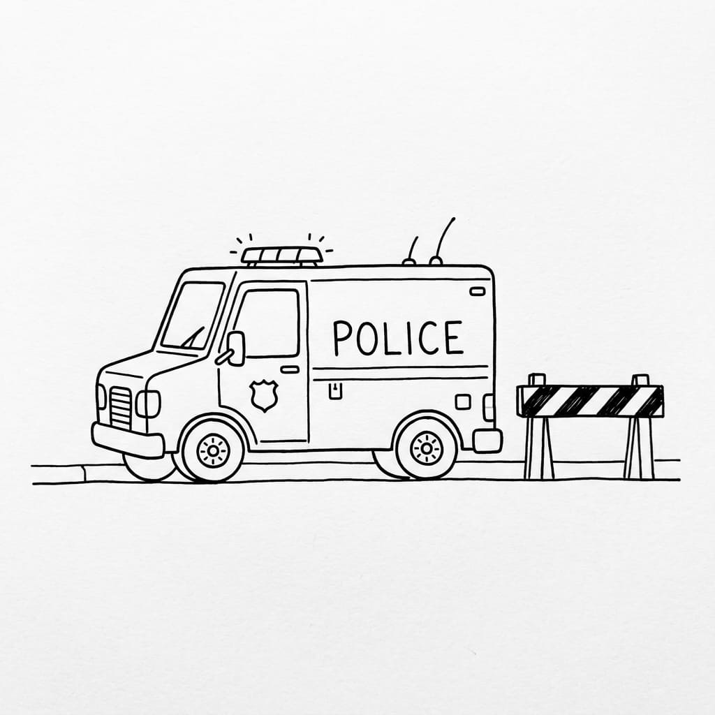 Police_van_parked_near_barricade drawing idea