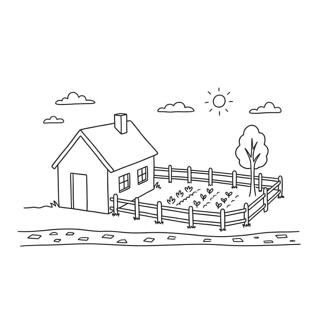 rustic farmhouse with vegetable garden drawing idea