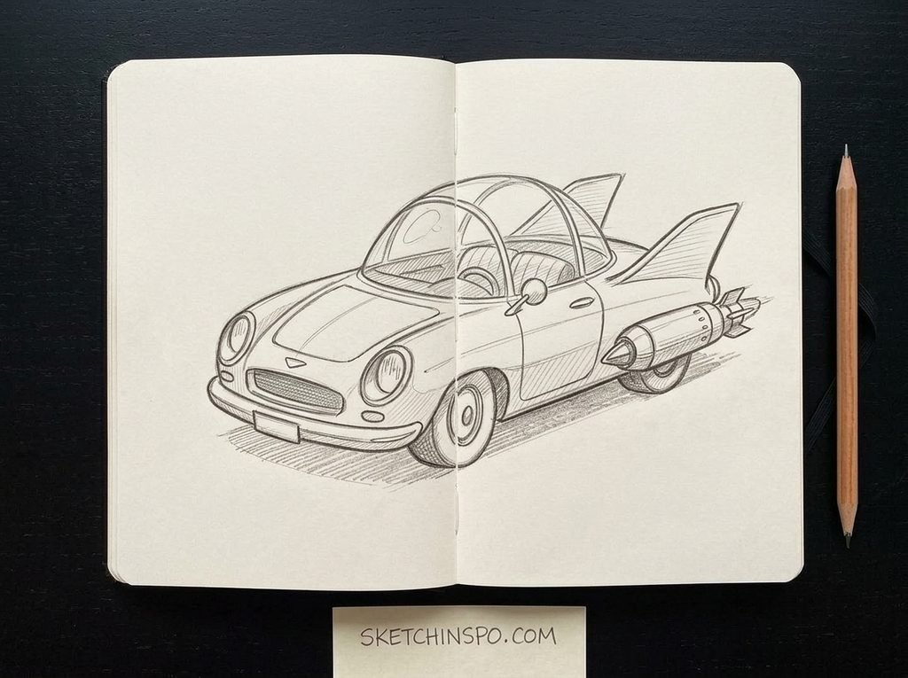 The Rocket-Powered Finned Car - cute car drawing