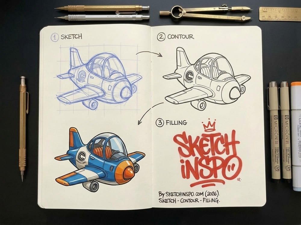 Blue Orange Propeller Plane drawing idea