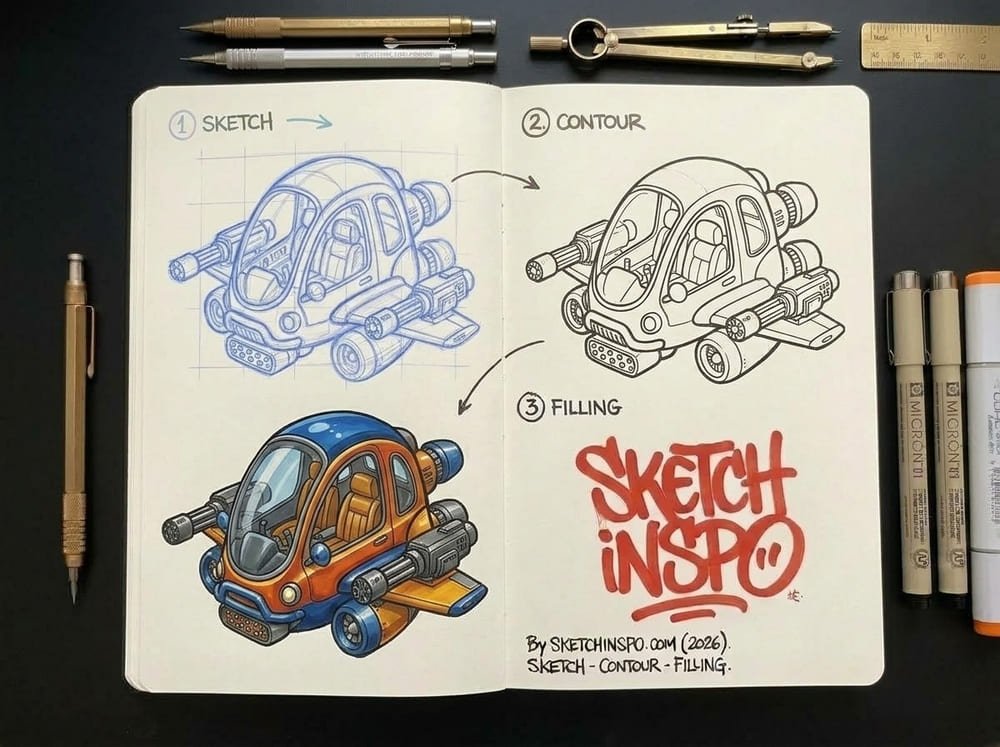 Blue Orange Submarine Car drawing idea