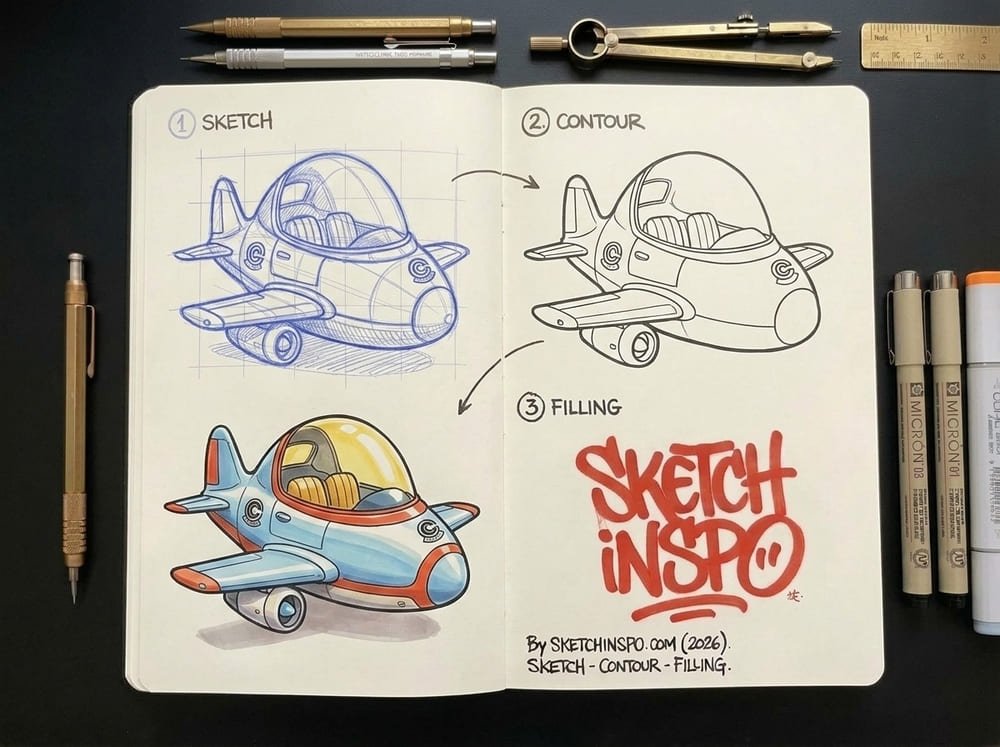 Blue Retro Plane drawing idea