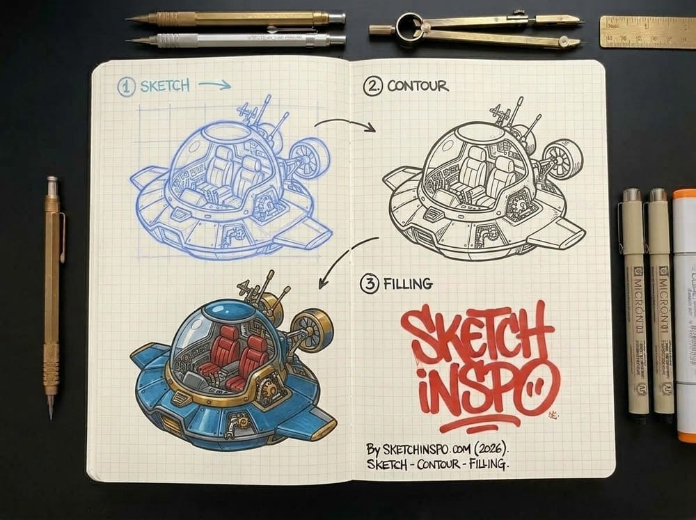 Blue UFO Saucer drawing idea
