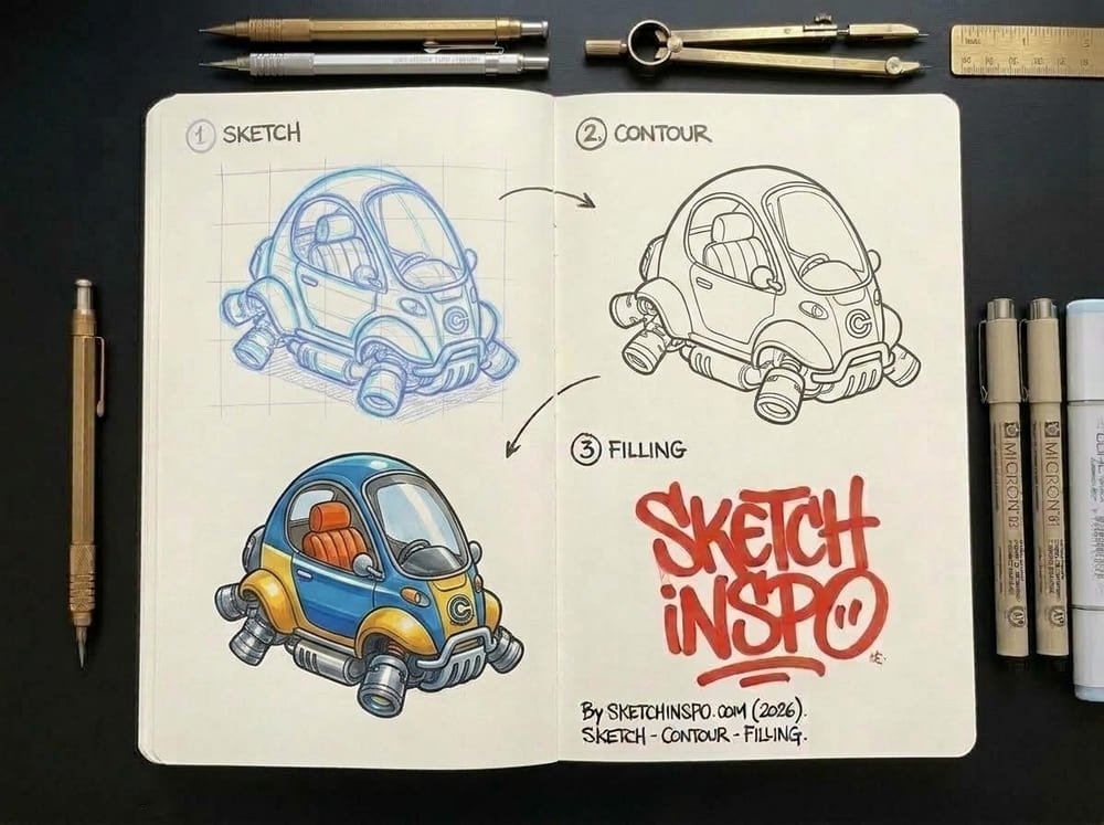 Blue Yellow Buggy Craft drawing idea
