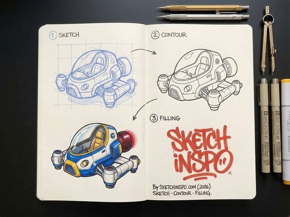 Blue Yellow Jet Pod drawing idea