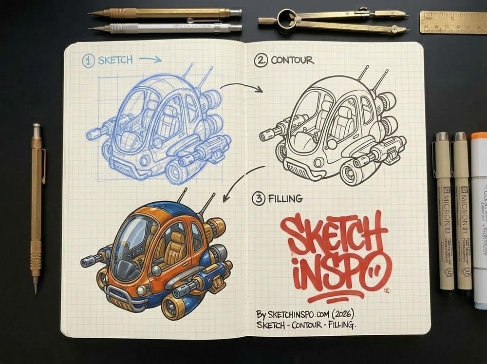 Orange Submarine Car drawing idea
